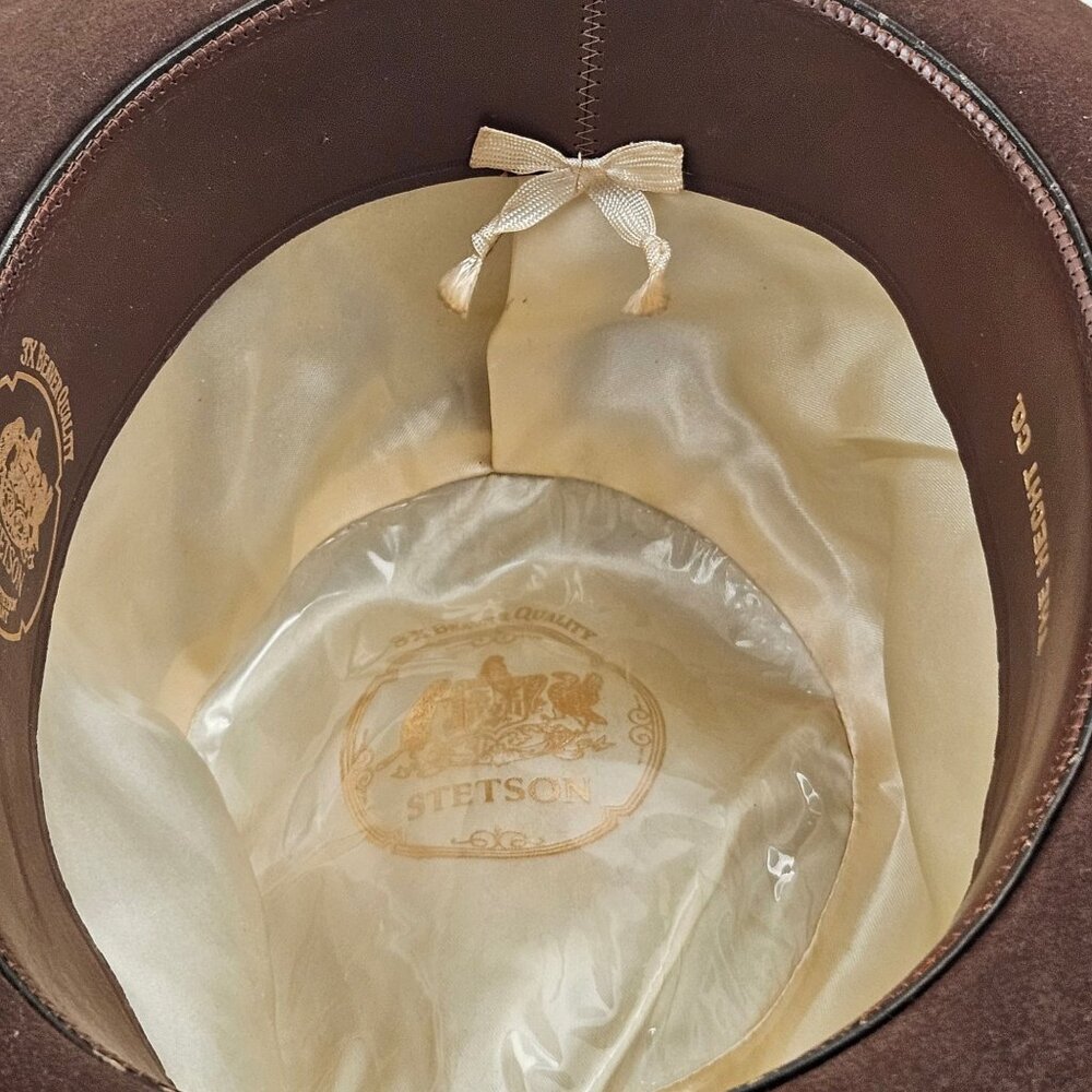 Stetson 3X Beaver Quality Brown Felt Western Hat Feather Band Hecht Co Wide Brim - Picture 10 of 11
